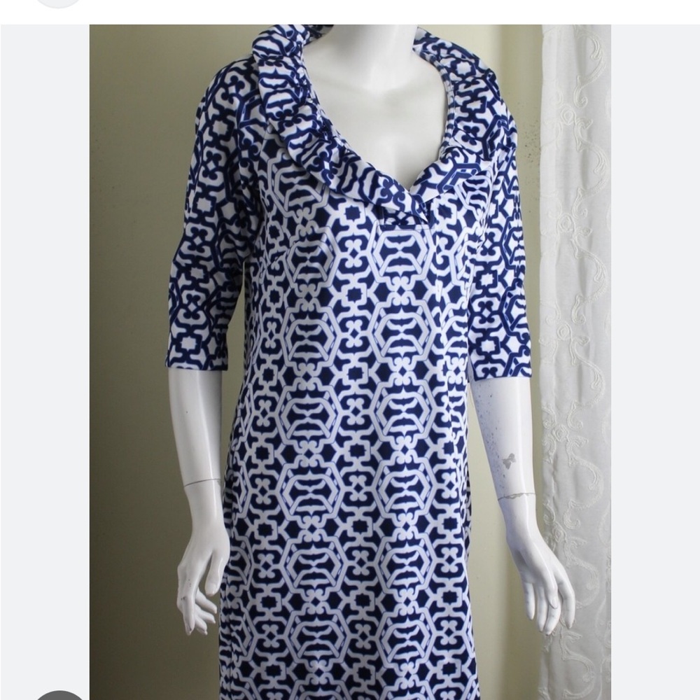 Gretchen Scott, Preppy Ruffle Neck Navy & White Geometric Shift Dress, Size S - Picture 3 of 14